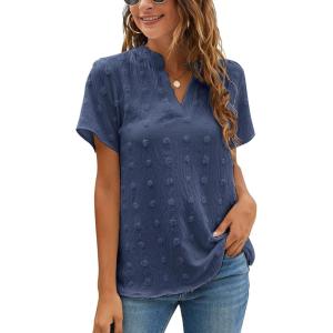 imageBlooming Jelly Womens White Chiffon Blouses Short Sleeve V Neck Shirts Summer Casual Polka Dot TopsDark Blue