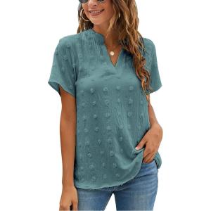 imageBlooming Jelly Womens White Chiffon Blouses Short Sleeve V Neck Shirts Summer Casual Polka Dot TopsDark Green