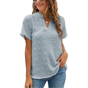 imageBlooming Jelly Womens White Chiffon Blouses Short Sleeve V Neck Shirts Summer Casual Polka Dot TopsGrey