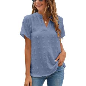 imageBlooming Jelly Womens White Chiffon Blouses Short Sleeve V Neck Shirts Summer Casual Polka Dot TopsHaze Blue