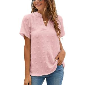 imageBlooming Jelly Womens White Chiffon Blouses Short Sleeve V Neck Shirts Summer Casual Polka Dot TopsLight Pink