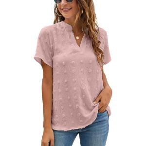 imageBlooming Jelly Womens White Chiffon Blouses Short Sleeve V Neck Shirts Summer Casual Polka Dot TopsPink