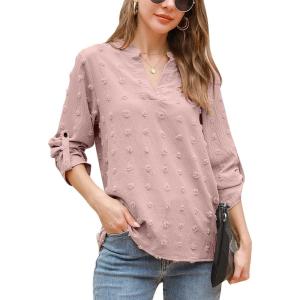imageBlooming Jelly Womens White Chiffon Blouses Short Sleeve V Neck Shirts Summer Casual Polka Dot TopsPinkfall