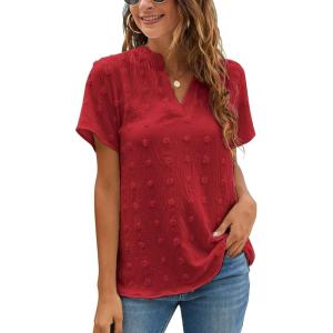 imageBlooming Jelly Womens White Chiffon Blouses Short Sleeve V Neck Shirts Summer Casual Polka Dot TopsRed