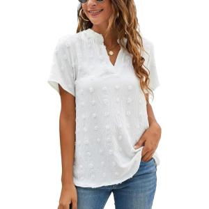 imageBlooming Jelly Womens White Chiffon Blouses Short Sleeve V Neck Shirts Summer Casual Polka Dot TopsWhite