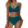imageBlooming Jelly Women High Waisted Bikini Sets Color Block Two Piece Swimsuits Push Up V Neck High Cut Bathing SuitBlue Green