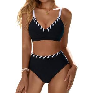 imageBlooming Jelly Women High Waisted Bikini Sets Color Block Two Piece Swimsuits Push Up V Neck High Cut Bathing SuitBlack