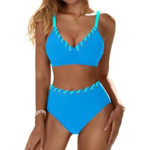 imageBlooming Jelly Women High Waisted Bikini Sets Color Block Two Piece Swimsuits Push Up V Neck High Cut Bathing SuitBlue