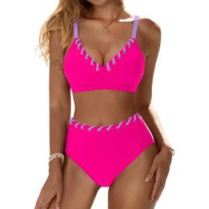 imageBlooming Jelly Women High Waisted Bikini Sets Color Block Two Piece Swimsuits Push Up V Neck High Cut Bathing SuitHot Pink