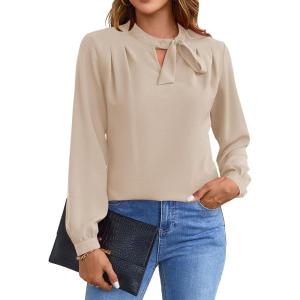 imageBlooming Jelly Womens Business Casual Tops Elegant Tie Neck Long Sleeve Dressy Fall Blouses 2024 Ladies Trendy Work ShirtsApricot