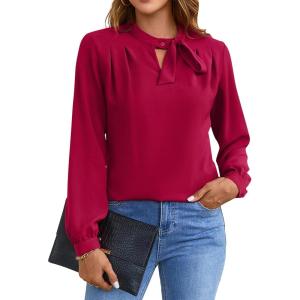 imageBlooming Jelly Womens Business Casual Tops Elegant Tie Neck Long Sleeve Dressy Fall Blouses 2024 Ladies Trendy Work ShirtsDeep Red