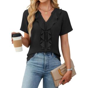 imageBlooming Jelly Womens Button Down Shirts Business Casual Outfits Dressy Work Blouses 2025 Short Sleeve Summer TopsBlack