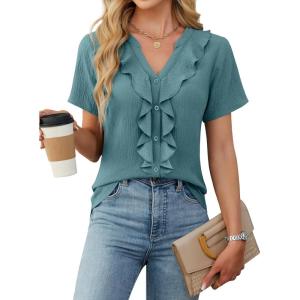imageBlooming Jelly Womens Button Down Shirts Business Casual Outfits Dressy Work Blouses 2025 Short Sleeve Summer TopsTurquoise