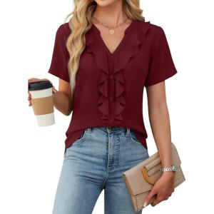 imageBlooming Jelly Womens Button Down Shirts Business Casual Outfits Dressy Work Blouses 2025 Short Sleeve Summer TopsWine Red