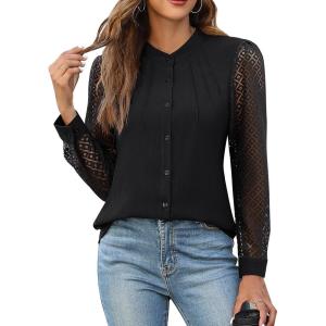 imageBlooming Jelly Womens Button Down Shirts Lace Long Sleeve Dressy Tops Pleated Fall Business Casual Blouses 2024Black