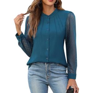 imageBlooming Jelly Womens Button Down Shirts Lace Long Sleeve Dressy Tops Pleated Fall Business Casual Blouses 2024Dark Cyan