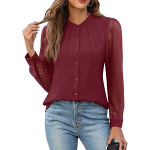 imageBlooming Jelly Womens Button Down Shirts Lace Long Sleeve Dressy Tops Pleated Fall Business Casual Blouses 2024Wine Red