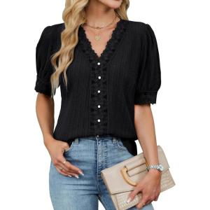 imageBlooming Jelly Womens Dressy Casual Blouse Short Puff Sleeve V Neck Lace Tops Summer Trendy Cute Ladies Business Work ShirtBlack