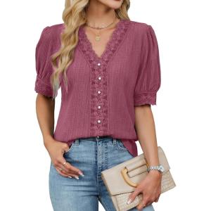 imageBlooming Jelly Womens Dressy Casual Blouse Short Puff Sleeve V Neck Lace Tops Summer Trendy Cute Ladies Business Work ShirtCoral Pink