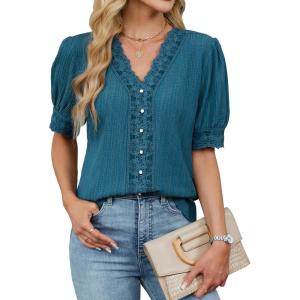 imageBlooming Jelly Womens Dressy Casual Blouse Short Puff Sleeve V Neck Lace Tops Summer Trendy Cute Ladies Business Work ShirtTeal