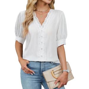 imageBlooming Jelly Womens Dressy Casual Blouse Short Puff Sleeve V Neck Lace Tops Summer Trendy Cute Ladies Business Work ShirtWhite