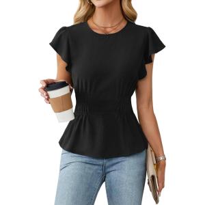imageBlooming Jelly Womens Dressy Casual Blouses Business Ruffle Short Sleeve Tops Summer Crew Neck Peplum ShirtsBlack