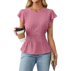 imageBlooming Jelly Womens Dressy Casual Blouses Business Ruffle Short Sleeve Tops Summer Crew Neck Peplum ShirtsPink
