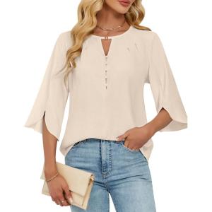 imageBlooming Jelly Womens Dressy Casual Blouses Keyhole Business Work Tops 34 Ruffle Sleeve Pleated Summer Shirts 2025Apricot