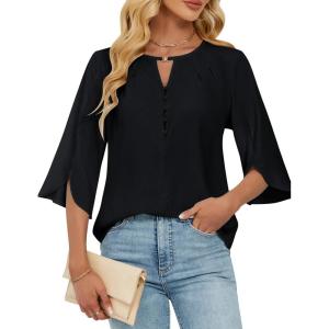 imageBlooming Jelly Womens Dressy Casual Blouses Keyhole Business Work Tops 34 Ruffle Sleeve Pleated Summer Shirts 2025Black
