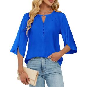 imageBlooming Jelly Womens Dressy Casual Blouses Keyhole Business Work Tops 34 Ruffle Sleeve Pleated Summer Shirts 2025Blue