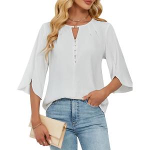 imageBlooming Jelly Womens Dressy Casual Blouses Keyhole Business Work Tops 34 Ruffle Sleeve Pleated Summer Shirts 2025White