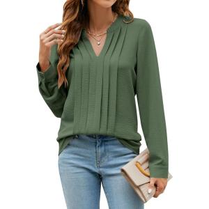 imageBlooming Jelly Womens Dressy Casual Tops Business Long Sleeve Shirts Pleated Fall Work Blouse 2024Army Green