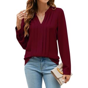 imageBlooming Jelly Womens Dressy Casual Tops Business Long Sleeve Shirts Pleated Fall Work Blouse 2024Wine Red