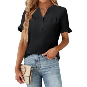 imageBlooming Jelly Womens Dressy Casual Tops Business Work Blouses Bell Short Sleeve Button Down Shirts 2025 Summer OutfitsBlack