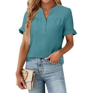 imageBlooming Jelly Womens Dressy Casual Tops Business Work Blouses Bell Short Sleeve Button Down Shirts 2025 Summer OutfitsTurquoise