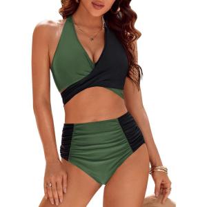 imageBlooming Jelly Womens Tummy Control Bathing Suits Modest High Waisted Bikini Sets Cute Halter 2 Piece Swim Suit 2025Army Green  Black