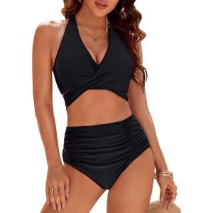 imageBlooming Jelly Womens Tummy Control Bathing Suits Modest High Waisted Bikini Sets Cute Halter 2 Piece Swim Suit 2025Black