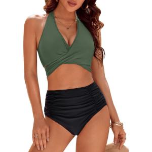 imageBlooming Jelly Womens Tummy Control Bathing Suits Modest High Waisted Bikini Sets Cute Halter 2 Piece Swim Suit 2025Black Green