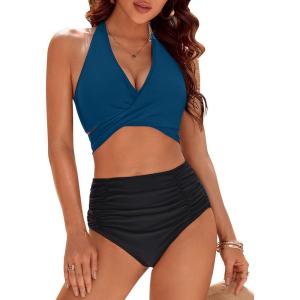 imageBlooming Jelly Womens Tummy Control Bathing Suits Modest High Waisted Bikini Sets Cute Halter 2 Piece Swim Suit 2025Blue Black