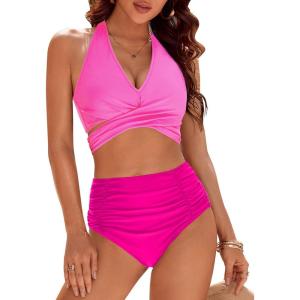 imageBlooming Jelly Womens Tummy Control Bathing Suits Modest High Waisted Bikini Sets Cute Halter 2 Piece Swim Suit 2025Hot Pink 02
