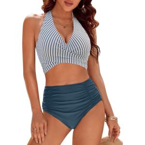 imageBlooming Jelly Womens Tummy Control Bathing Suits Modest High Waisted Bikini Sets Cute Halter 2 Piece Swim Suit 2025Striped Blue
