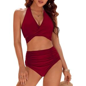 imageBlooming Jelly Womens Tummy Control Bathing Suits Modest High Waisted Bikini Sets Cute Halter 2 Piece Swim Suit 2025Wine Red