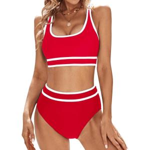 imageBlooming Jelly Womens Bikini Sets High Waisted Two Piece Swimsuits Sporty Color Block Cheeky High Cut Bathing SuitsRed