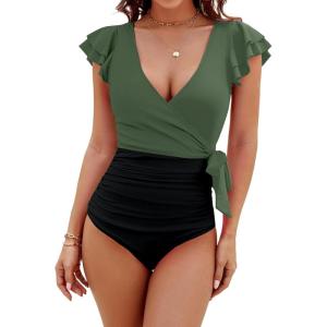 imageBlooming Jelly Womens Tummy Control Swimsuits Slimming One Piece Bathing Suit Ruffle Wrap V Neck SwimwearArmy Green and Black