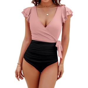 imageBlooming Jelly Womens Tummy Control Swimsuits Slimming One Piece Bathing Suit Ruffle Wrap V Neck SwimwearPink and Black