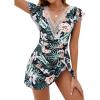 imageBlooming Jelly Womens Tummy Control Swimsuits One Piece Swim Dress Plus Size Bathing Suits Ruffle Lace SwimwearGreen and Floral Print