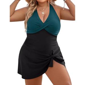 imageBlooming Jelly Women Plus Size Swim Dress Swimsuit One Piece Tummy Control Bathing Suits Modest Criss Cross Swim SuitsPeacock Green  Black