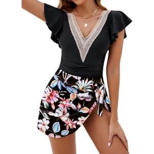 imageBlooming Jelly Womens Tummy Control Swimsuits One Piece Swim Dress Plus Size Bathing Suits Ruffle Lace SwimwearBlack and Floral Print
