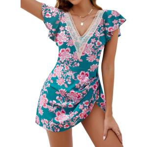 imageBlooming Jelly Womens Tummy Control Swimsuits One Piece Swim Dress Plus Size Bathing Suits Ruffle Lace SwimwearBlue and Red Floral