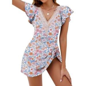 imageBlooming Jelly Womens Tummy Control Swimsuits One Piece Swim Dress Plus Size Bathing Suits Ruffle Lace SwimwearOrange Floral Print